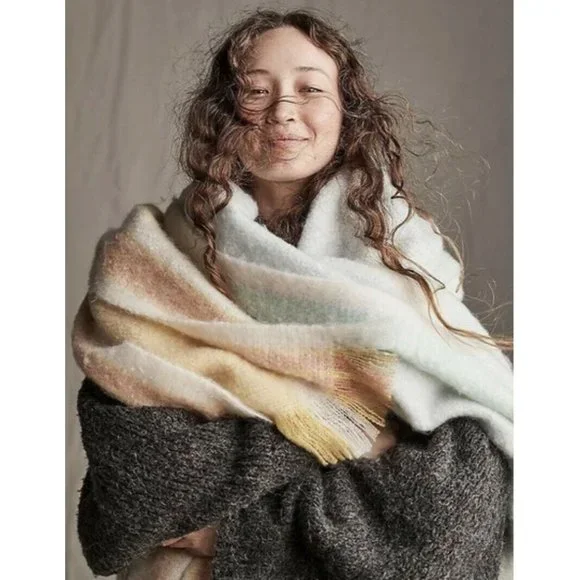 NWT Free People Brushed Racer Stripe Blanket Scarf In Sky Combo 78”L x 19”W - Picture 3 of 3